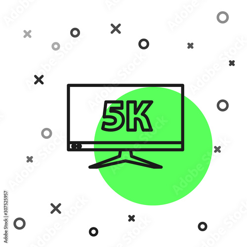 Black line Computer PC monitor display with 5k video technology icon isolated on white background. Vector Illustration