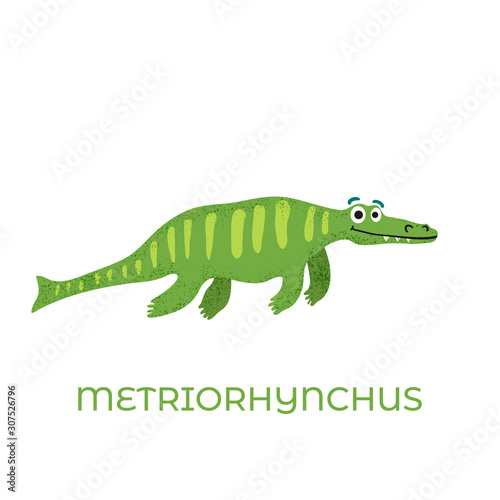 Cute dinosaur Metriorhynchus cartoon drawn for tee print. Vector