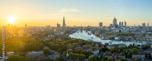 Aerial view of the City of London at sunset