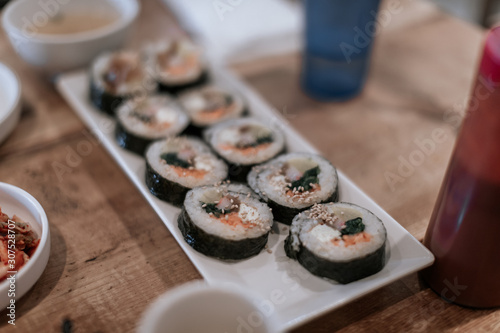 Korean roll Gimbap(kimbob) made from steamed rice (bap) and various other ingredients