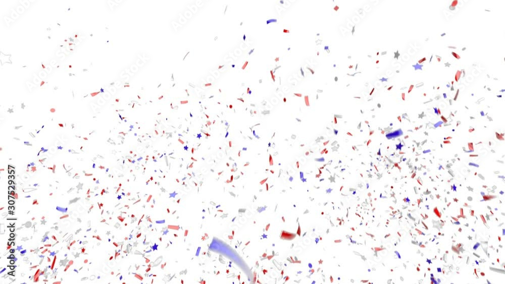 Blue, red and white festive confetti explosion falling down on a white background. Animation with alpha channel.