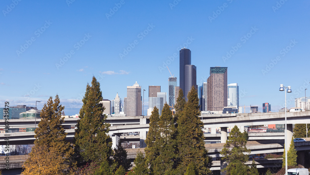 Downtown Seattle skyline view from highway