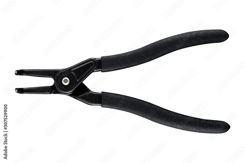 Black pliers for circlips - Snap rings or Seeger rings, orbis, placed on a white isolated backgorund. Black pliers for circlips - Snap rings or Seeger rings, orbis, placed on a white isolated backgorund.