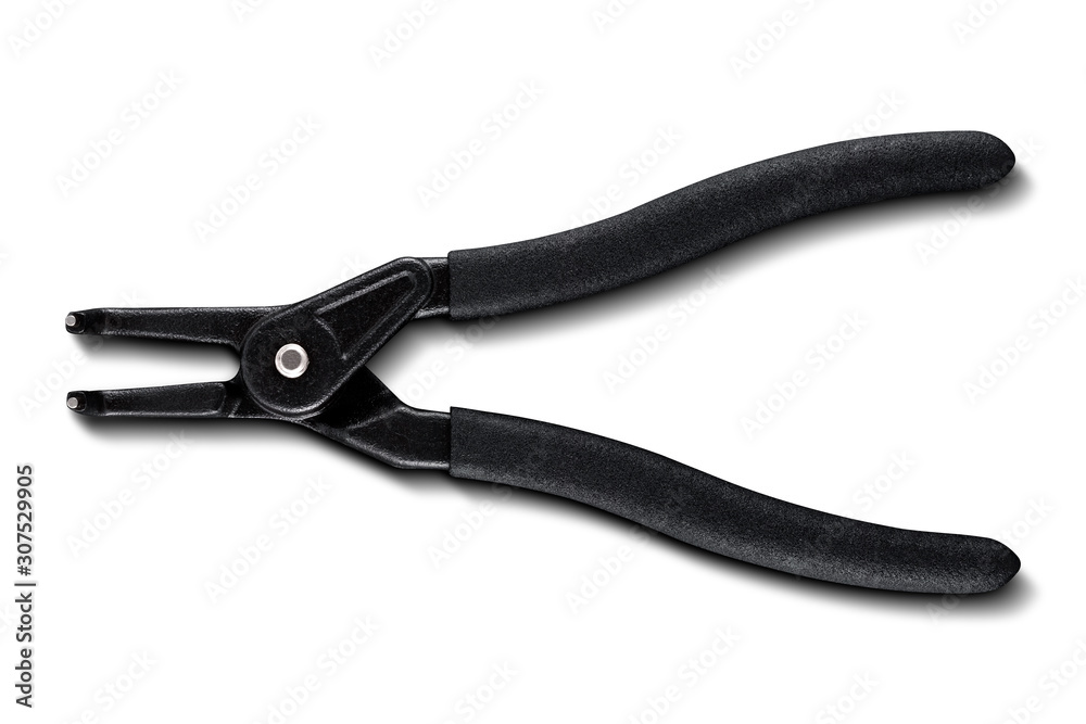 Black pliers for circlips - Snap rings or Seeger rings, orbis, placed on a white isolated backgorund with shadow. Black pliers for circlips - Snap rings or Seeger rings, orbis, placed on a white isolated backgorund with shadow.