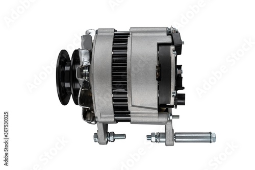 Alternator for agricultural machinery like tractor or combine-harvester placed on white isolated background.