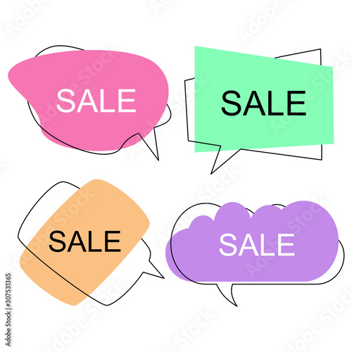 Set of flat colorful bubble speech vector. Banners, price tags, stickers, posters, badges. Isolated on white background.