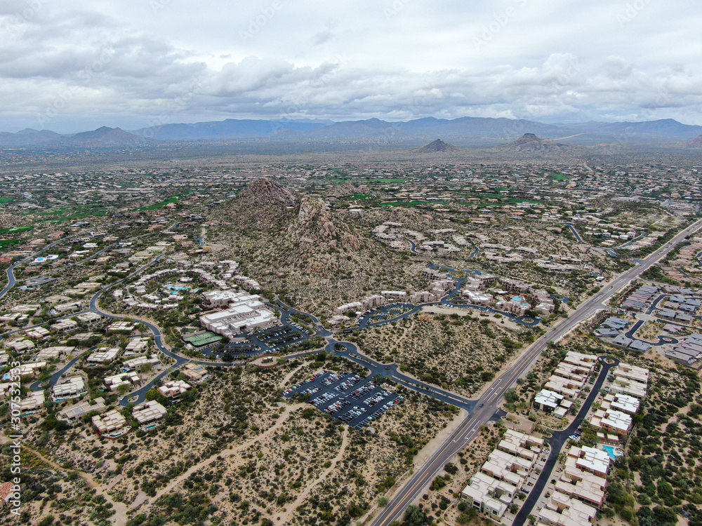 Aerial view of Scottsdale desert city in Arizona east of state capital Phoenix. Downtown's Old Town Scottsdale