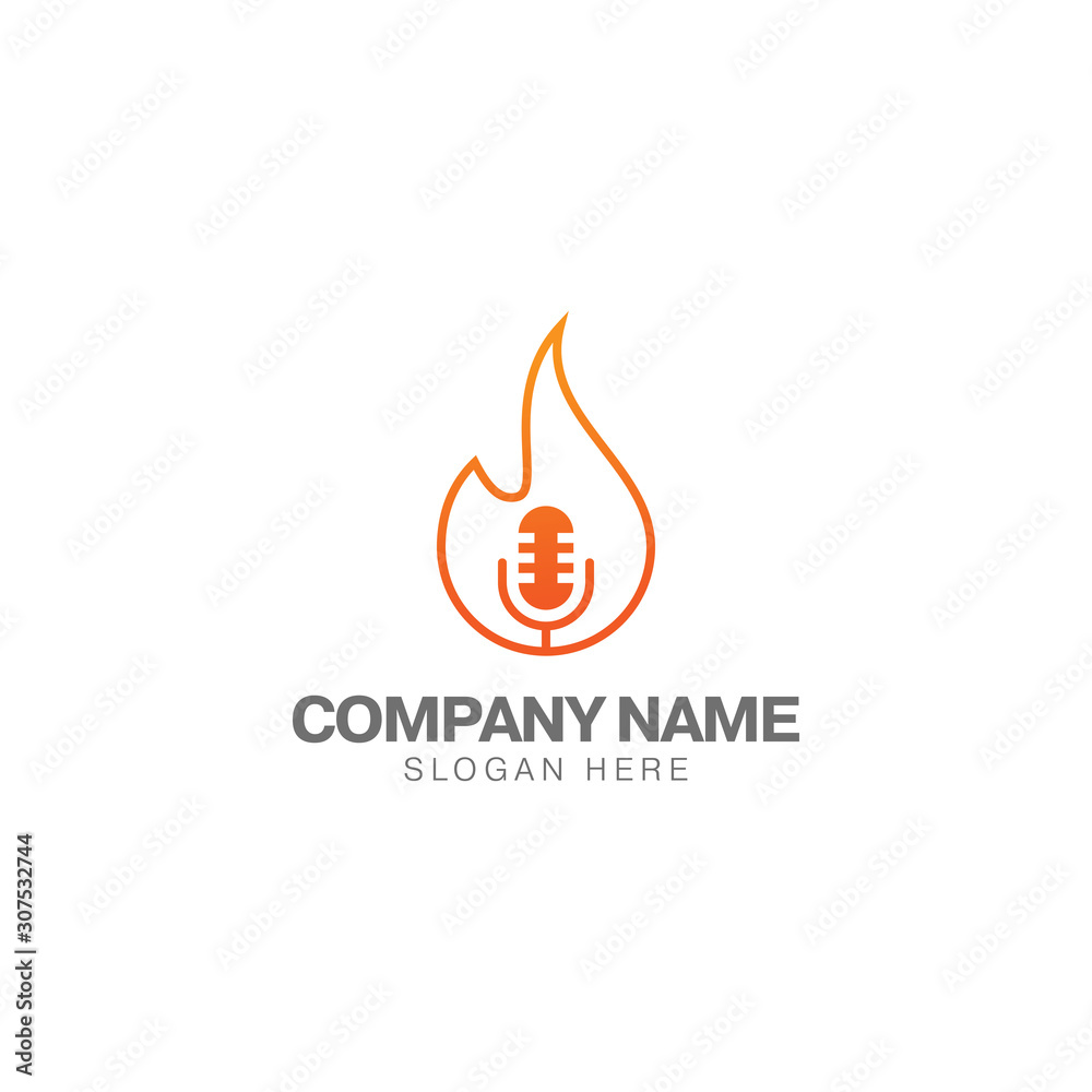 Fire podcast logo design template, microphone classic and fire line style vector Fire podcast logo design template, microphone classic and fire line style vector