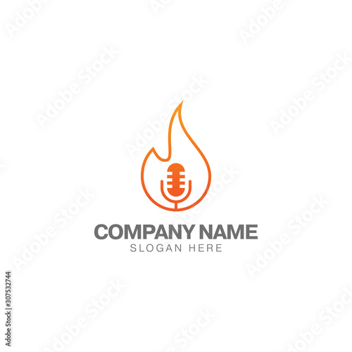 Fire podcast logo design template, microphone classic and fire line style vector