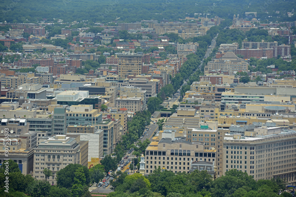 Washington modern city and 17th St NW aerial view from top of the Washington Monument in Washington, District of Columbia DC, USA.