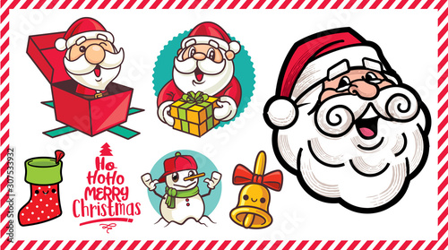 Merry Christmas. Cartoon Christmas Santa Claus and snowman set. Big head Santa Claus. Pop out from gift box, carries gift bag, Christmas bell and sock - vector characters