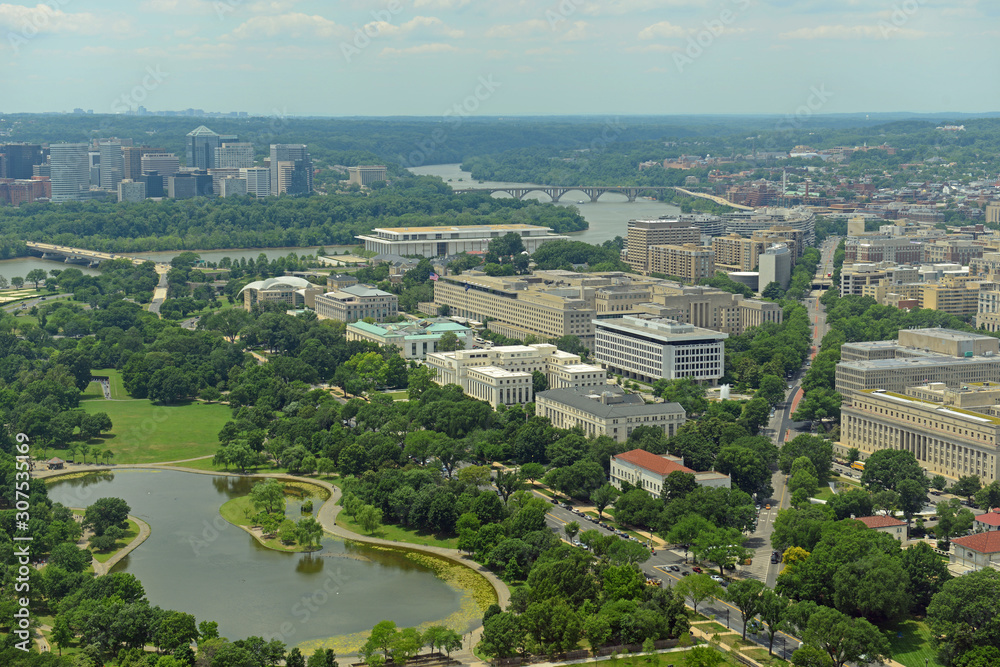 Obraz premium National Academy of Sciences, Federal Reserve Building, South Interior Building and US Department of State aerial view from top of the Washington Monument in Washington, District of Columbia DC, USA.