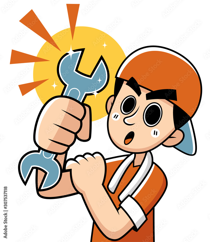 Vector illustration of Cartoon Mechanic holding a huge wrench