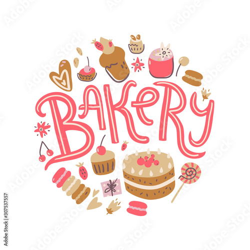 Bakery round illustration. Cakes  candies and chocolate.