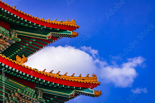 Traditional Chinese pavilion roof with sky in Taiwan.