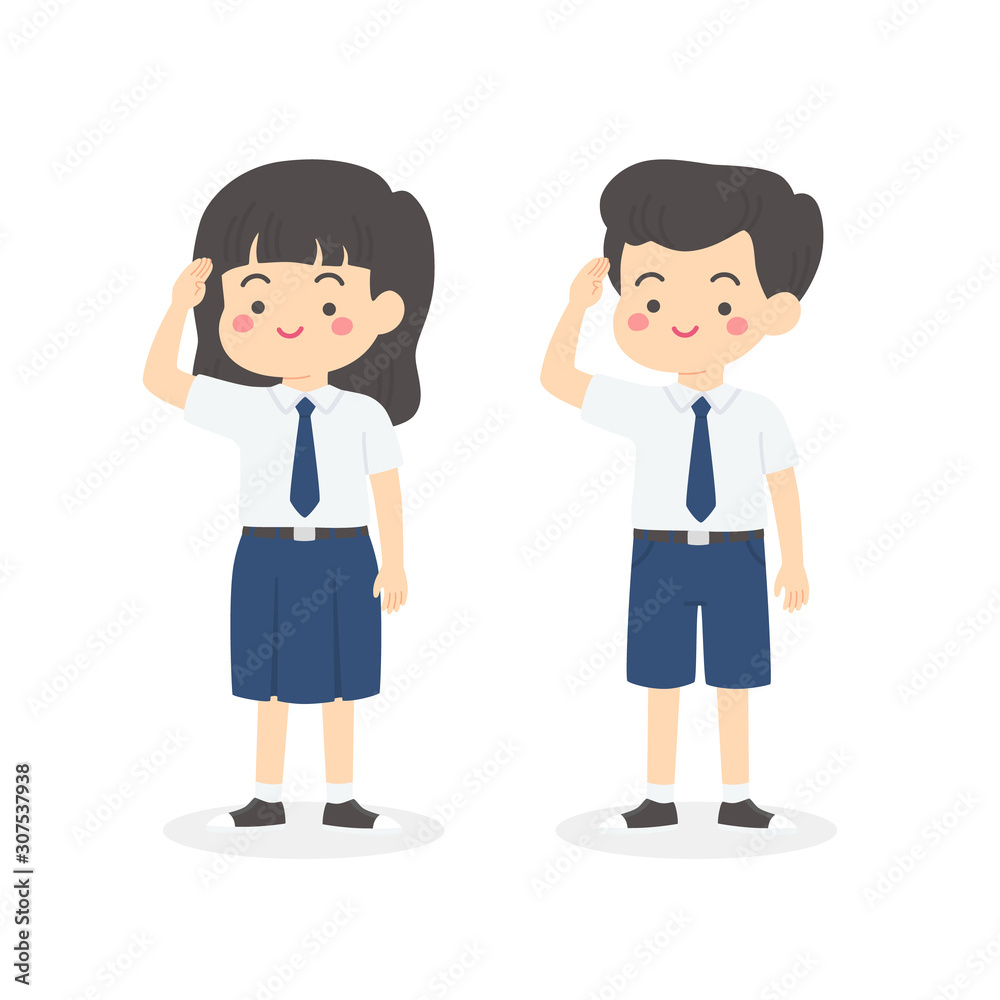 Cute Indonesian Junior High School Boy Girl Student Wearing Blue and White Uniform Giving Salute Independence Day Cartoon Vector Illustration