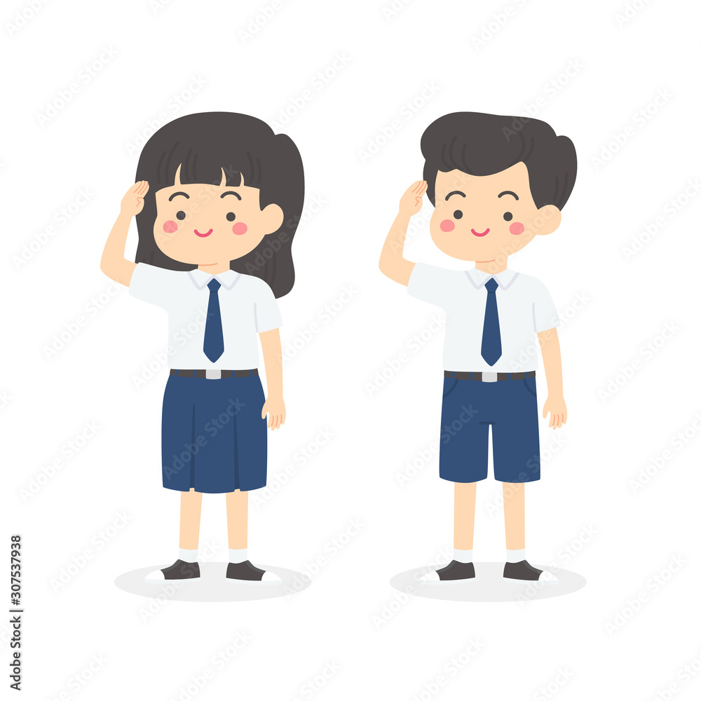 Cute Indonesian Junior High School Boy Girl Student Wearing Blue and White Uniform Giving Salute Independence Day Cartoon Vector Illustration Cute Indonesian Junior High School Boy Girl Student Wearing Blue and White Uniform Giving Salute Independence Day Cartoon Vector Illustration
