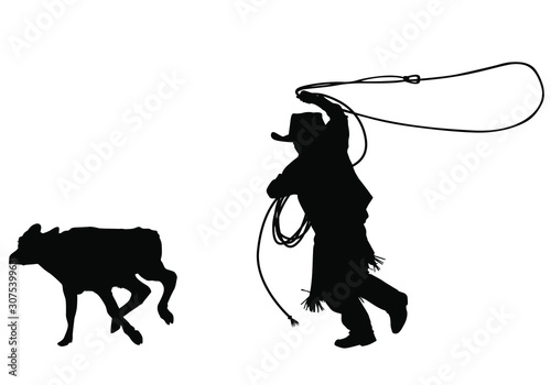 A vector silhouette of a young cowboy child roping a calf