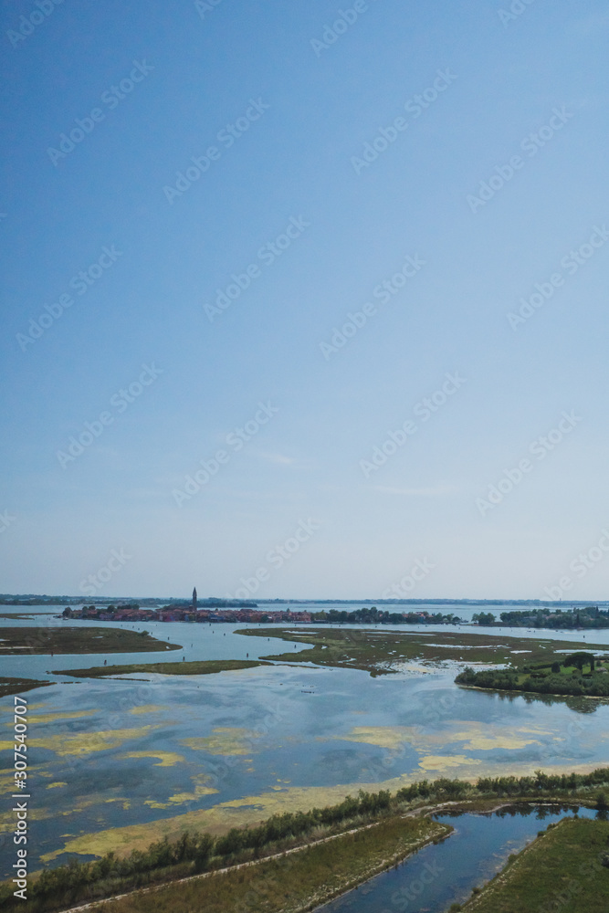 View of island of Torcello and lagoon, from bell tower of Cathedral of Santa Maria Assunta, Torcello, Venice, Italy
