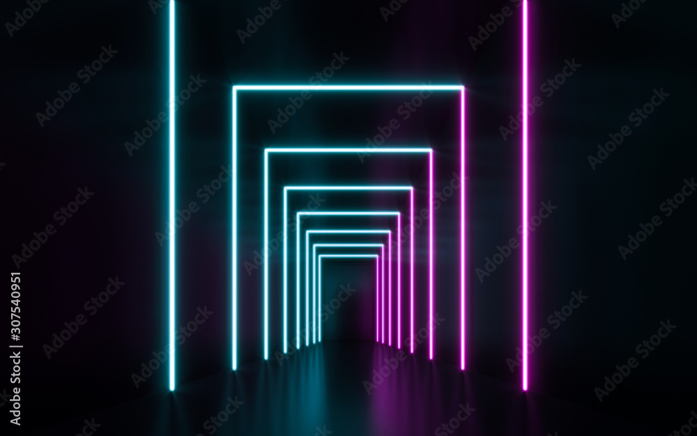 Fototapeta premium Futuristic Sci Fi blue and purple neon tube lights glowing. 3D rendering