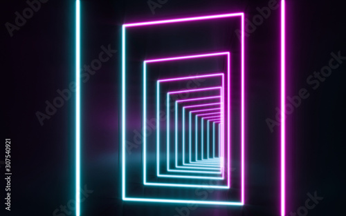 Futuristic Sci Fi blue and purple neon tube lights glowing. 3D rendering