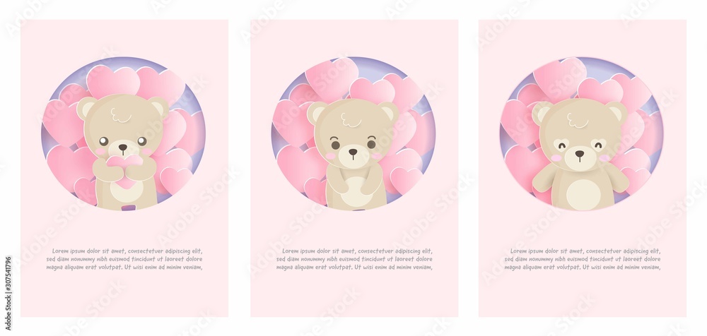Set of greeting cards with cute bears in paper cut and craft style.