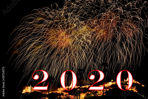 With background new year 2020,  Celebration concept with beautiful fireworks messages