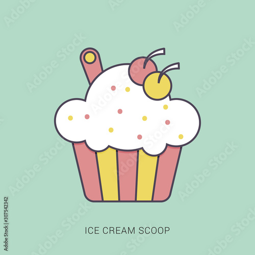 Ice cream scoops in bowl flat design. Red and green color with outline concept.