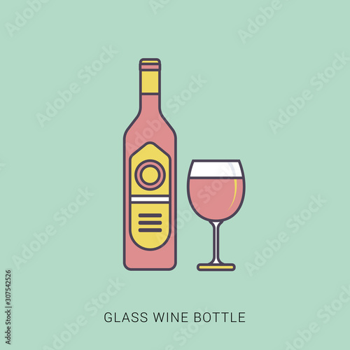 Wine glass and background on white. Red and green color with outline concept.