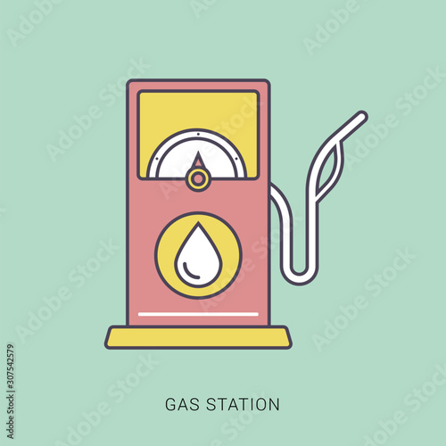 Flat design modern and retro gas pumps isolated. Red and green color with outline concept.