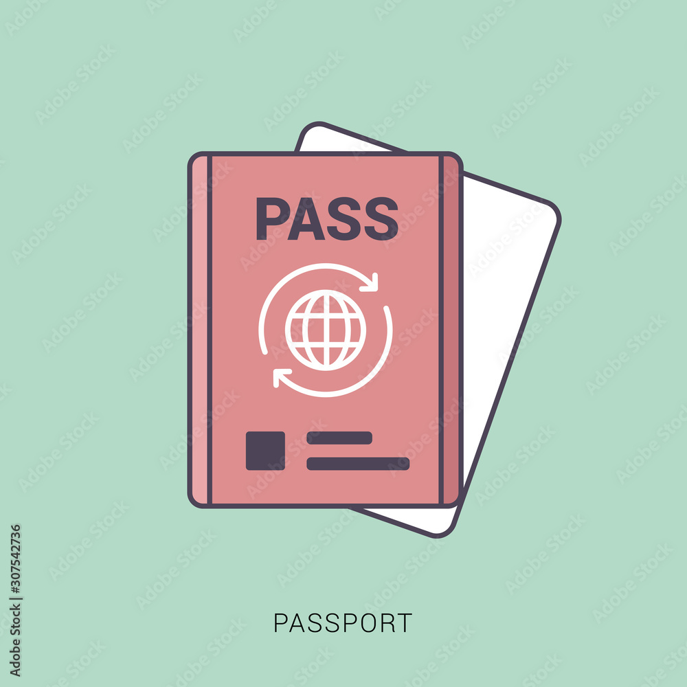 Naklejka premium Passport with tickets. Air travel concept. Red and green color with outline concept.