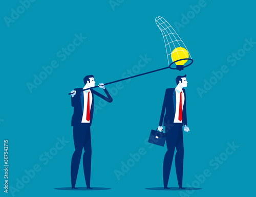 Thief business partner steals ideas for thinking colleague. Concept business plagiarism vector illustration