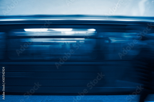 2020 color trend. Blurred motion of the train in an underground station.