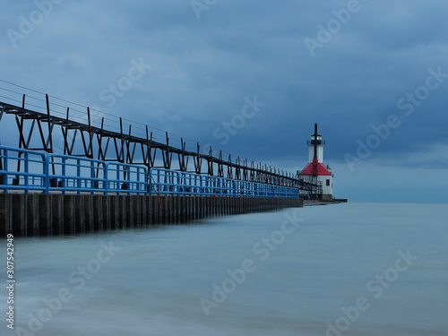 Sunrise photo of the St Joseph Michigan North Pier Lighthouse and Lake Michigan