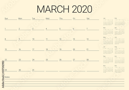 March 2020 desk calendar vector illustration