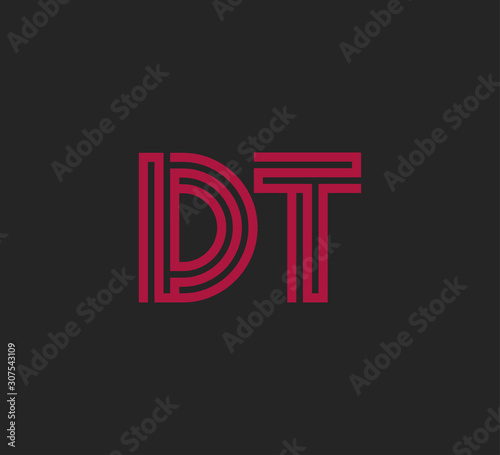 Initial two letter red line shape logo on black vector DT
