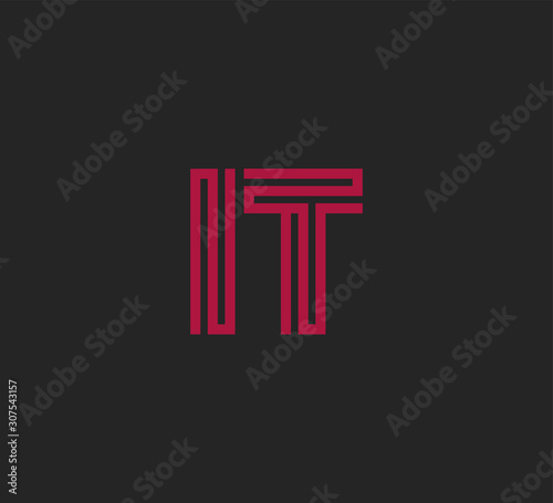 Initial two letter red line shape logo on black vector IT