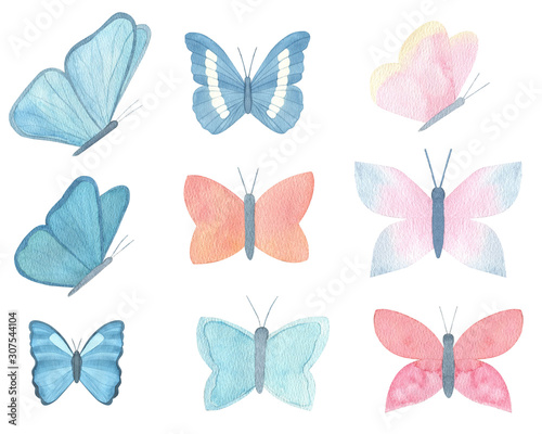 Watercolor butterfly collection isolated on white background. Set of tropical butterfly for design cards, invitations, children’s wear. Butterfly art poster. Abstract style.