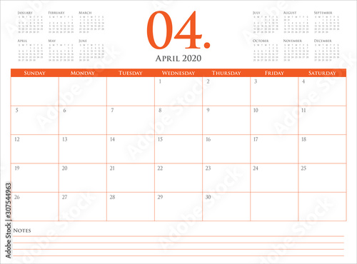 April 2020 desk calendar vector illustration