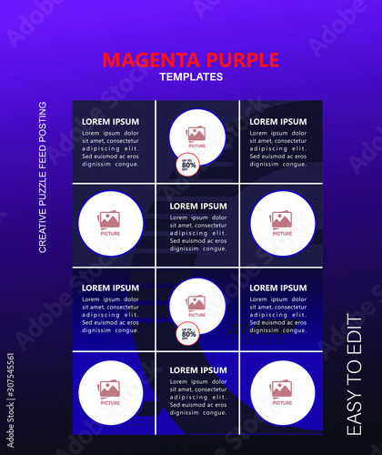 modern social media post feed, Purple, pink,  retro, instagram feed, instagram template, instagram theme.