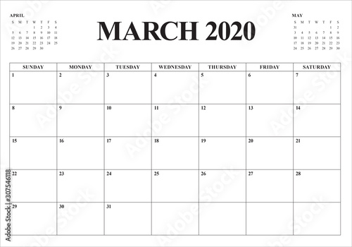March 2020 desk calendar vector illustration