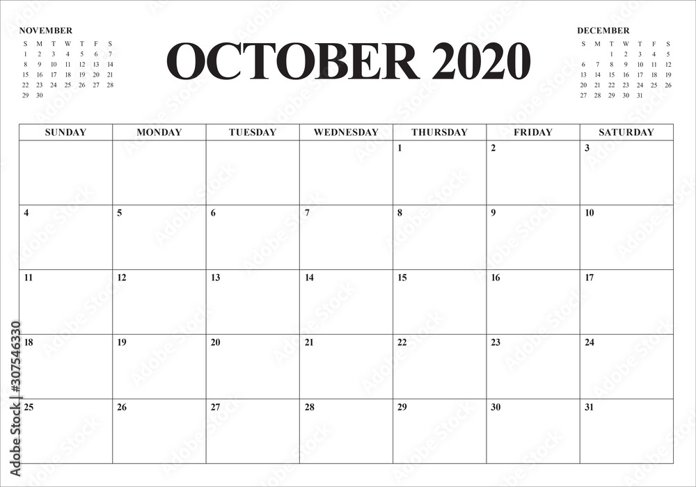 October 2020 desk calendar vector illustration
