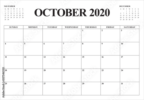 October 2020 desk calendar vector illustration