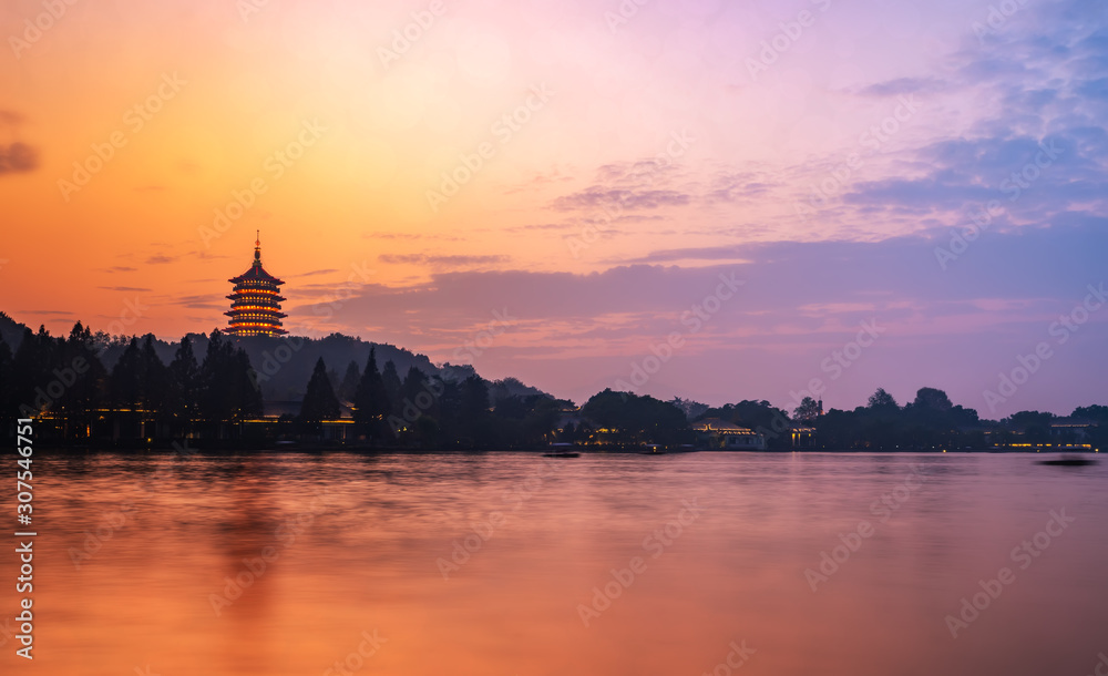 Beautiful architectural landscape of West Lake in Hangzhou at night..
