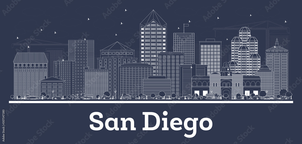 Outline San Diego California City Skyline with White Buildings.