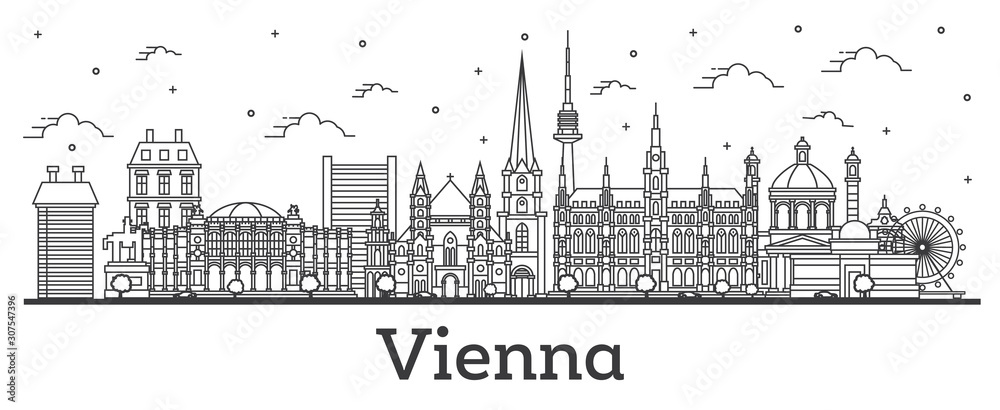 Outline Vienna Austria City Skyline with Historic Buildings Isolated on White.