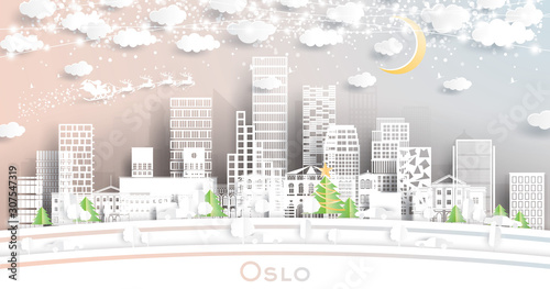 Oslo Norway City Skyline in Paper Cut Style with Snowflakes, Moon and Neon Garland.