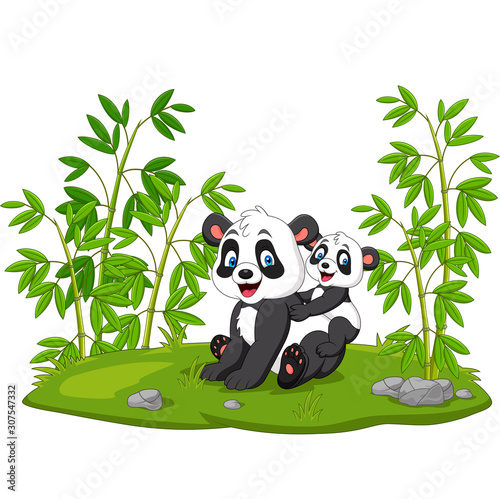 Cartoon mom and baby panda in the bamboo tree