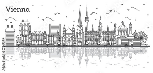 Outline Vienna Austria City Skyline with Historic Buildings and Reflections Isolated on White.