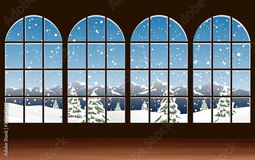 landscape of snowing at the wooden window